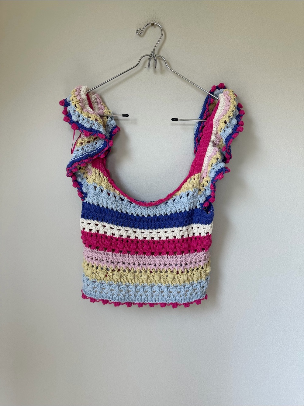 Zara Crochet Off-the-Shoulder Sweater in Pink, Blue & Cream